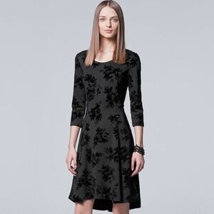 Simply Vera Vera‎ Wang Black Velvet Floral Burn Out Dress 3/4 Sleeve Party Large